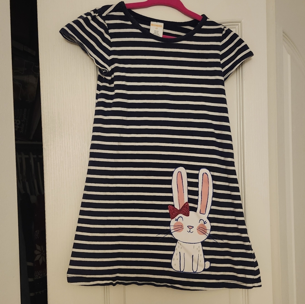 Gymboree Striped Navy and White Dress with Bunny Design 4T